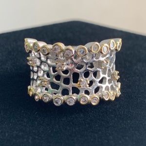 Silver and gold tone ring w/ clear rhinestones, 7